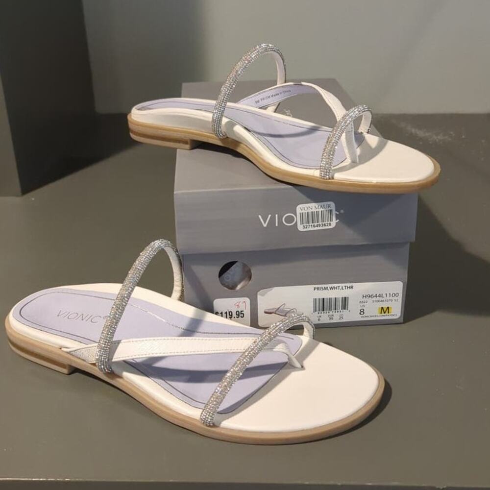 Vionic Prism White Leather Slide Sandals Shoes Size 8M Sparkle Minimalist